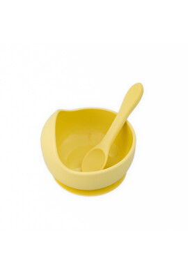 Oaki Set diversificare pentru copii castron cu ventuza si lingurita din silicon galben pal - BKid.ro