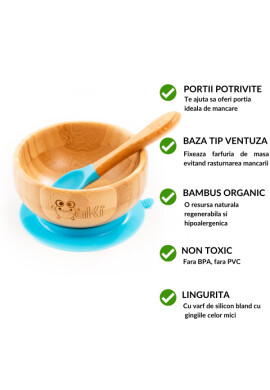 Oaki Set diversificare pentru copii castron farfurie si doua lingurite din bambus albastru - BKid.ro