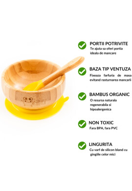 Oaki Set diversificare pentru copii castron farfurie si doua lingurite din bambus galben - BKid.ro