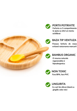 Oaki Set diversificare pentru copii castron farfurie si doua lingurite din bambus galben - BKid.ro