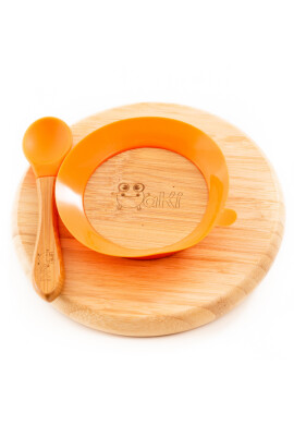 Oaki Set diversificare pentru copii castron farfurie si doua lingurite din bambus portocaliu - BKid.ro