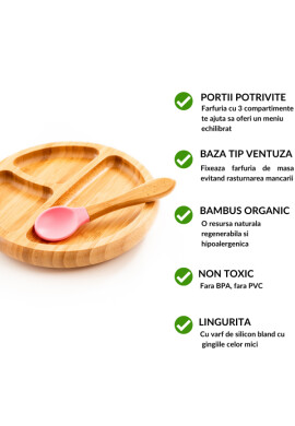 Oaki Set diversificare pentru copii castron farfurie si doua lingurite din bambus roz - BKid.ro