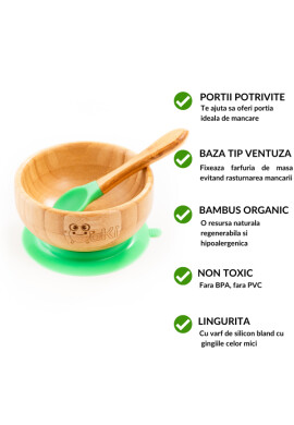 Oaki Set diversificare pentru copii castron farfurie si doua lingurite din bambus verde - BKid.ro