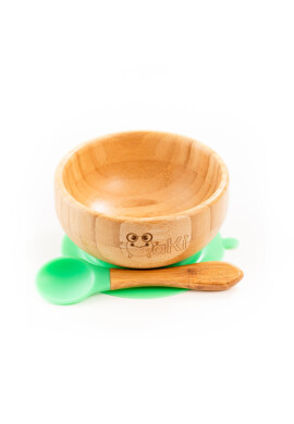 Oaki Set diversificare pentru copii castron farfurie si doua lingurite din bambus verde - BKid.ro