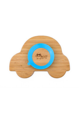 Oaki Set diversificare pentru copii castron si farfurie masinuta din bambus cu lingurita albastru - BKid.ro
