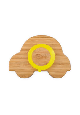 Oaki Set diversificare pentru copii castron si farfurie masinuta din bambus cu lingurita galben - BKid.ro