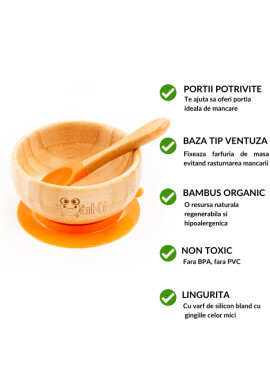 Oaki Set diversificare pentru copii castron si lingurita din bambus portocaliu - BKid.ro