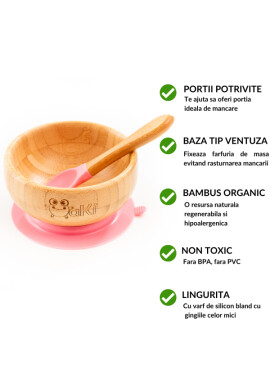 Oaki Set diversificare pentru copii castron si lingurita din bambus roz - BKid.ro