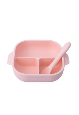 Oaki Set diversificare pentru copii farfurie compartimentata cu ventuza capac si lingurita din silicon Roz pal - BKid.ro