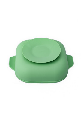 Oaki Set diversificare pentru copii farfurie compartimentata cu ventuza capac si lingurita din silicon verde pal - BKid.ro