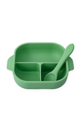 Oaki Set diversificare pentru copii farfurie compartimentata cu ventuza capac si lingurita din silicon verde pal - BKid.ro