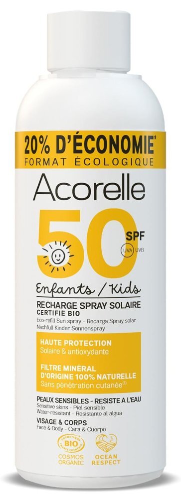 Acorelle Rezerva spray Bio protectie solara pentru copii SPF50 cu ulei de karanja si propolis 150 ml