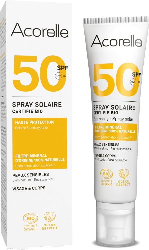Acorelle Spray Bio protectie solara pentru fata si corp SPF50 cu ulei de karanja si propolis 100 ml