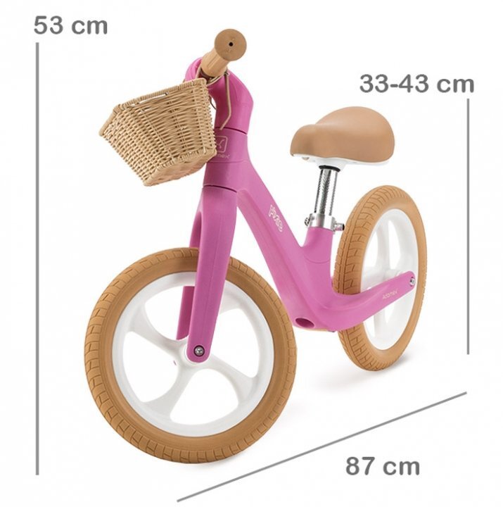 Adamex Bicicleta fara pedale pentru copii Pixie cu roti de 12 inch din spuma PU cu cosulet design retro scaun reglabil inaltime sezut 33-43 cm sarcina maxima admisa 50 kg 2-6 ani Pretty Pink