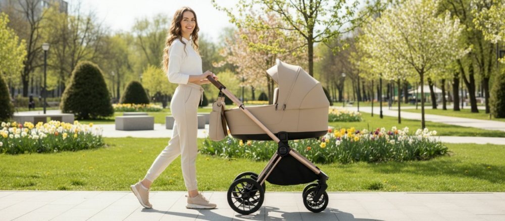 Adamex Carucior 2 in 1 Bianco Deluxe Collection cu suspensii maner reglabil certificat EN18882022 pana la 22 kg Champagne Beige