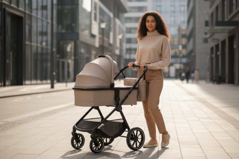 Adamex Carucior 2 in 1 pentru copii Nova premium doua piese distincte suspensii maner reglabil roti mari anti-pana greutate maxim admisa 22 kg accesorii incluse Cappuccino