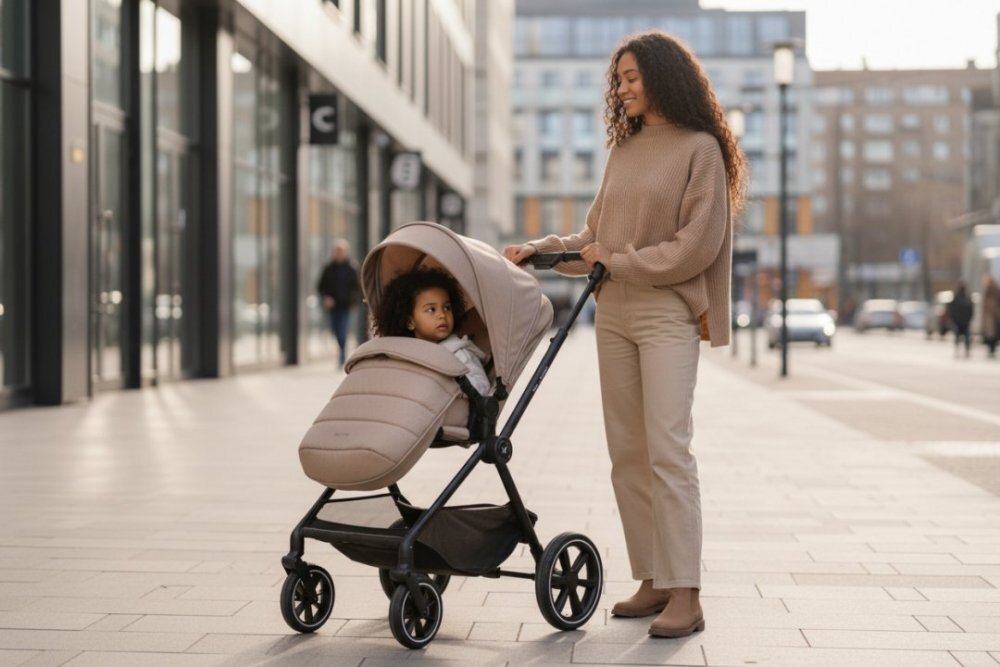Adamex Carucior 2 in 1 pentru copii Nova premium doua piese distincte suspensii maner reglabil roti mari anti-pana greutate maxim admisa 22 kg accesorii incluse Cappuccino