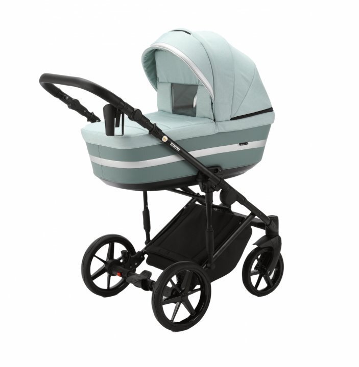 Adamex Carucior 3 in 1 pentru copii Rimini Alu Lux Collection Linen EcoLeather RY104 Mineral Green cu suspensii maner reglabil suport reglabil pentru picioare accesorii incluse