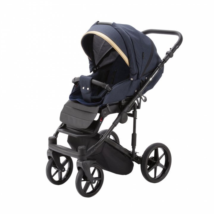 Adamex Carucior 3 in 1 Rimini Alu tip Collection Linen EcoLeather RY95 Blue Gold cu scaun auto iSize parte sport reglabila pana la orizontala landou cu suport de cap reglabil accesorii incluse