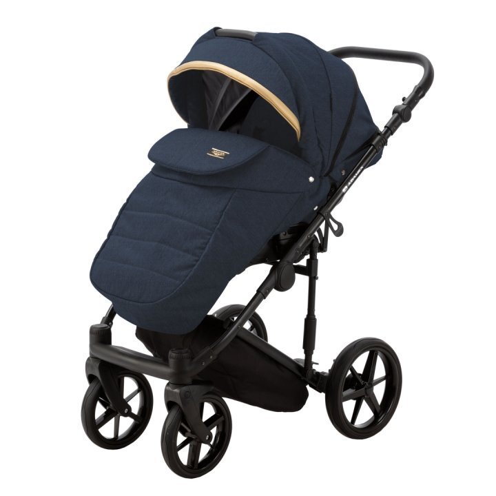 Adamex Carucior 3 in 1 Rimini Alu tip Collection Linen EcoLeather RY95 Blue Gold cu scaun auto iSize parte sport reglabila pana la orizontala landou cu suport de cap reglabil accesorii incluse