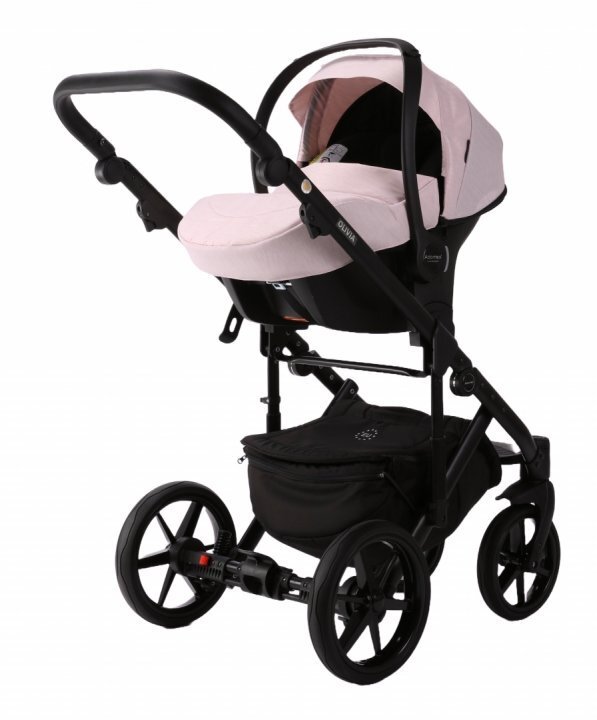 Adamex Carucior 4 in 1 Olivia cu baza Isofix Linen EcoLeather PS22 Powder Pink landou cu suport de cap reglabil pe inaltime parte sport reglabila pana la orizontala suspensii SAS