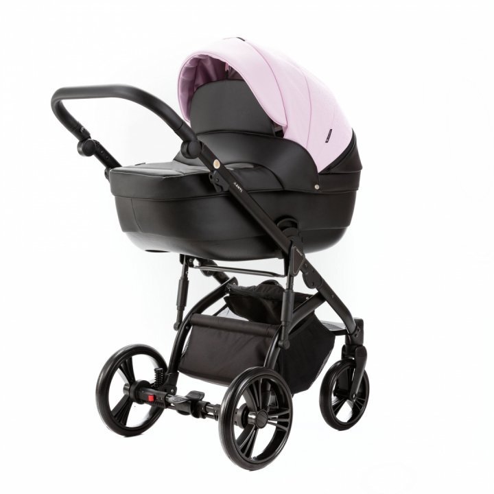 Adamex Carucior pentru copii 2 in 1 Lanti SD101 pliabil landou cu salteluta copertina reglabila roti frontale pivotante 360 cu dubla suspensie si husa de ploaie inclusa Full EcoLeather Pink Black