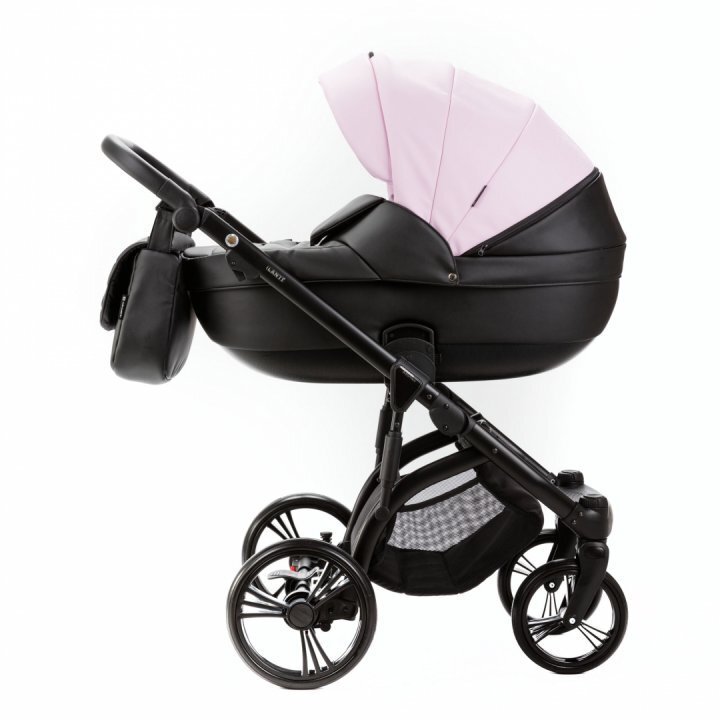 Adamex Carucior pentru copii 2 in 1 Lanti SD101 pliabil landou cu salteluta copertina reglabila roti frontale pivotante 360 cu dubla suspensie si husa de ploaie inclusa Full EcoLeather Pink Black