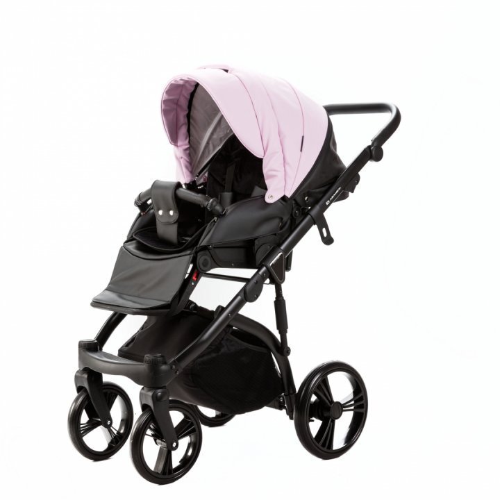 Adamex Carucior pentru copii 2 in 1 Lanti SD101 pliabil landou cu salteluta copertina reglabila roti frontale pivotante 360 cu dubla suspensie si husa de ploaie inclusa Full EcoLeather Pink Black