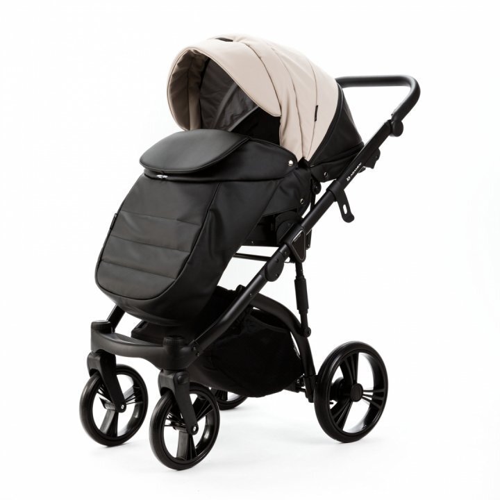 Adamex Carucior pentru copii 2 in 1 Lanti SD110 pliabil landou cu salteluta copertina reglabila roti frontale pivotante 360 cu dubla suspensie si husa de ploaie inclusa Full EcoLeather Black Grain