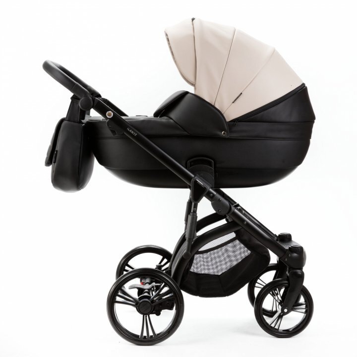 Adamex Carucior pentru copii 2 in 1 Lanti SD110 pliabil landou cu salteluta copertina reglabila roti frontale pivotante 360 cu dubla suspensie si husa de ploaie inclusa Full EcoLeather Black Grain