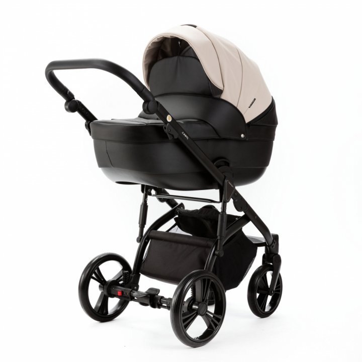 Adamex Carucior pentru copii 2 in 1 Lanti SD110 pliabil landou cu salteluta copertina reglabila roti frontale pivotante 360 cu dubla suspensie si husa de ploaie inclusa Full EcoLeather Black Grain