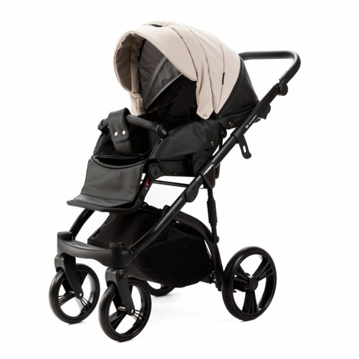 Adamex Carucior pentru copii 2 in 1 Lanti SD110 pliabil landou cu salteluta copertina reglabila roti frontale pivotante 360 cu dubla suspensie si husa de ploaie inclusa Full EcoLeather Black Grain