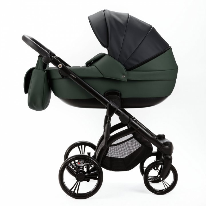 Adamex Carucior pentru copii 2 in 1 Lanti SD41 pliabil landou cu salteluta copertina reglabila roti frontale pivotante 360 cu dubla suspensie si husa de ploaie inclusa Full EcoLeather Green Black