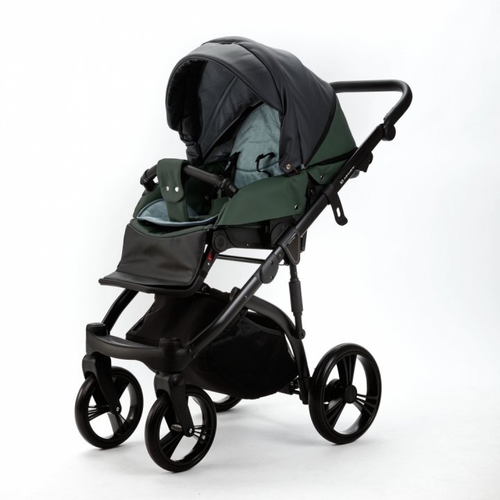 Adamex Carucior pentru copii 2 in 1 Lanti SD41 pliabil landou cu salteluta copertina reglabila roti frontale pivotante 360 cu dubla suspensie si husa de ploaie inclusa Full EcoLeather Green Black