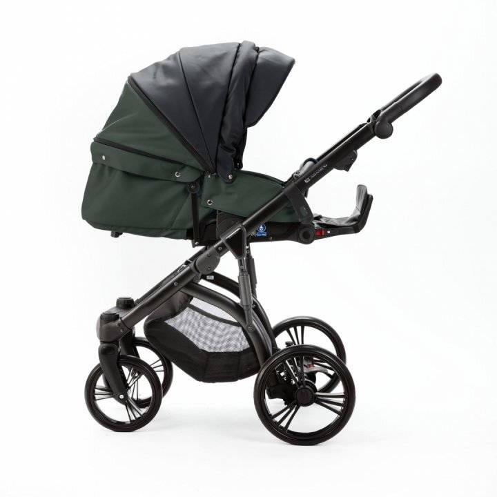 Adamex Carucior pentru copii 2 in 1 Lanti SD41 pliabil landou cu salteluta copertina reglabila roti frontale pivotante 360 cu dubla suspensie si husa de ploaie inclusa Full EcoLeather Green Black