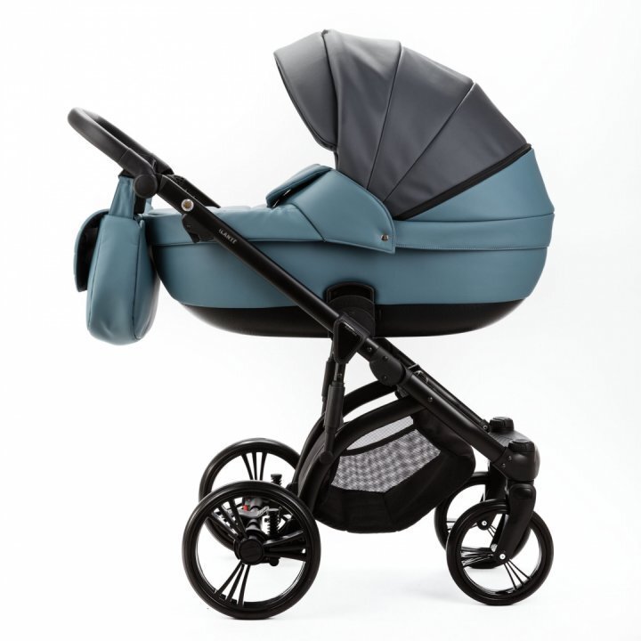 Adamex Carucior pentru copii 2 in 1 Lanti SD42 pliabil landou cu salteluta copertina reglabila roti frontale pivotante 360 cu dubla suspensie si husa de ploaie inclusa Full EcoLeather Blue Shadow