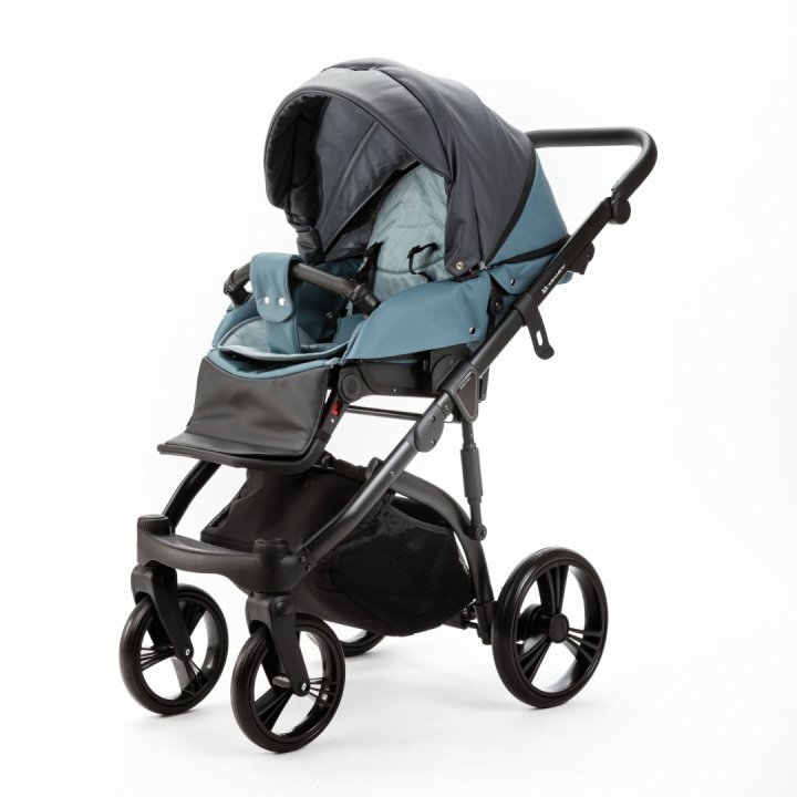 Adamex Carucior pentru copii 2 in 1 Lanti SD42 pliabil landou cu salteluta copertina reglabila roti frontale pivotante 360 cu dubla suspensie si husa de ploaie inclusa Full EcoLeather Blue Shadow