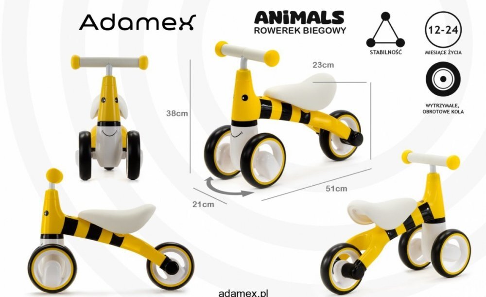 Adamex Tricicleta pentru copii Animals fara pedale cu 3 roti sistem de blocare a rotirii ghidonului testata EN71 pentru interior exterior sezut moale +12 luni Bee