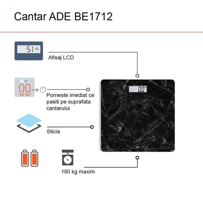 ADE Cantar corporal electronic BE1712 Aurora Model Marmura ecran LCD negru