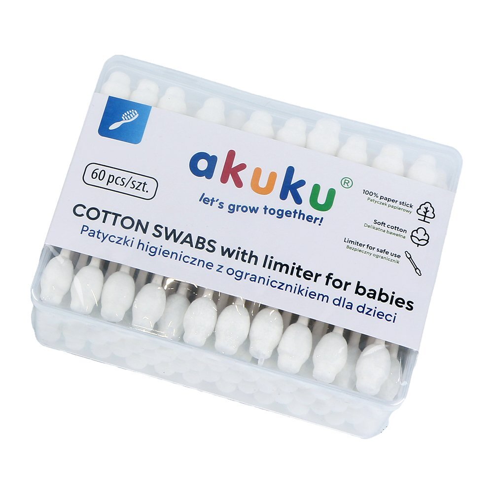 Akuku Betisoare de urechi 60 buc cu protectie pentru bebelusi si copii