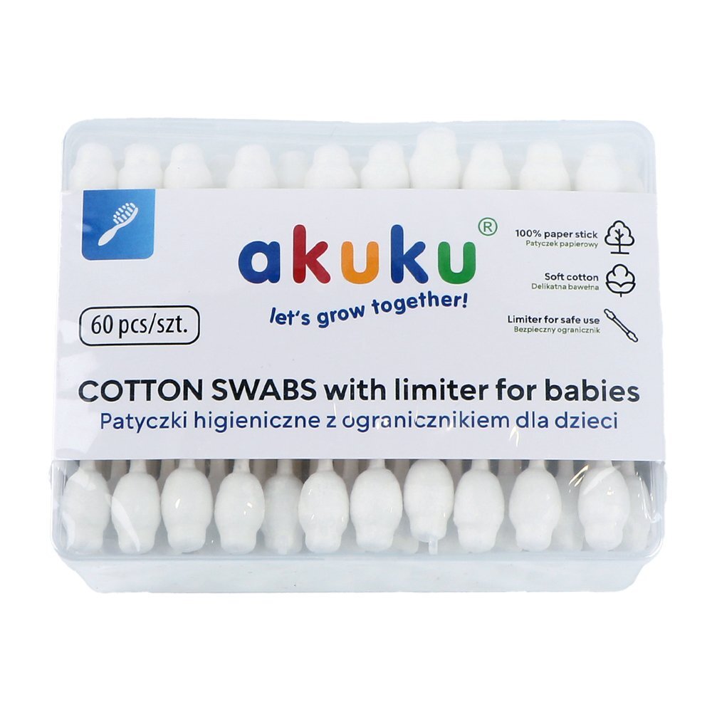 Akuku Betisoare de urechi 60 buc cu protectie pentru bebelusi si copii