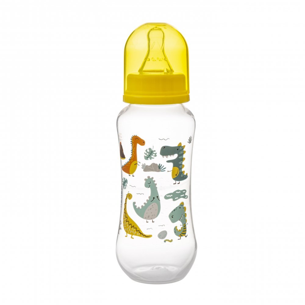 Akuku Biberon anticolici 250ml Friendly Dino cu tetina din siliconmateriale sigure fara BPAcapac cu filet etans care impiedica varsarea