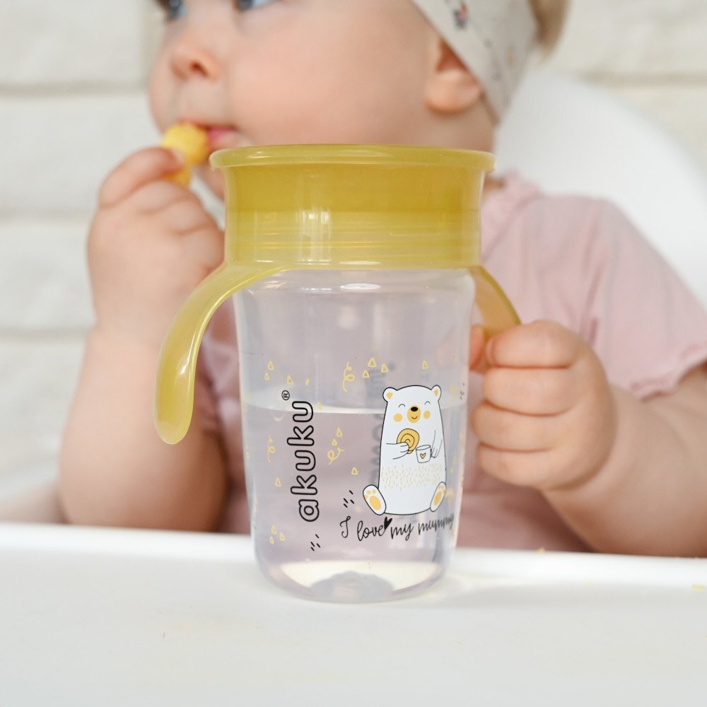 Akuku Cana anti-varsare 360 cu manere Yellow Bear 260mlsupapa de etansare pentru a preveni scurgerea lichiduluiforma ergonomicacapac de protectie