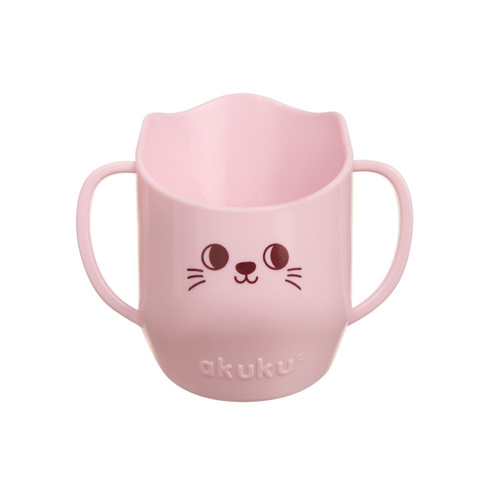 Akuku Cana antrenament cu manere pentru copii BabyMug Pink Catcapacitate 150ml materiale sigure fara BPA margine tesita ce permite bautul fara a inclina capul pe spate compatibil masina de vase