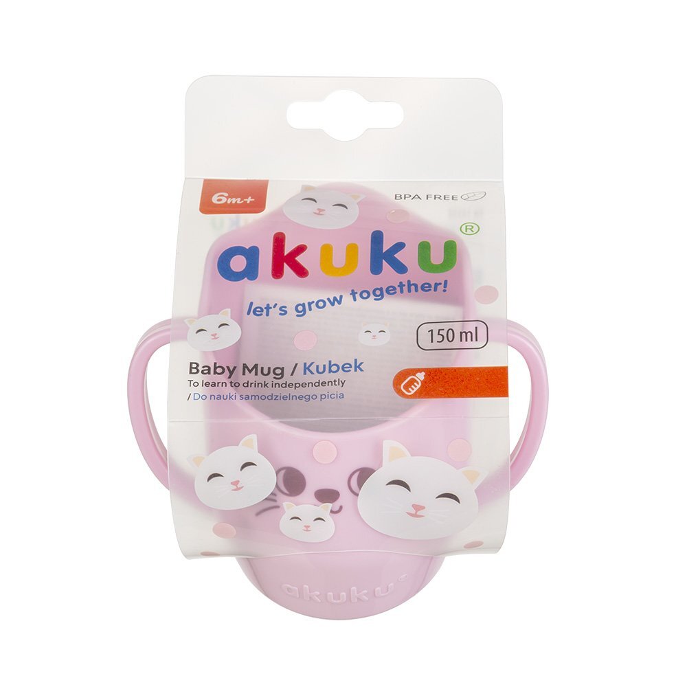 Akuku Cana antrenament cu manere pentru copii BabyMug Pink Catcapacitate 150ml materiale sigure fara BPA margine tesita ce permite bautul fara a inclina capul pe spate compatibil masina de vase