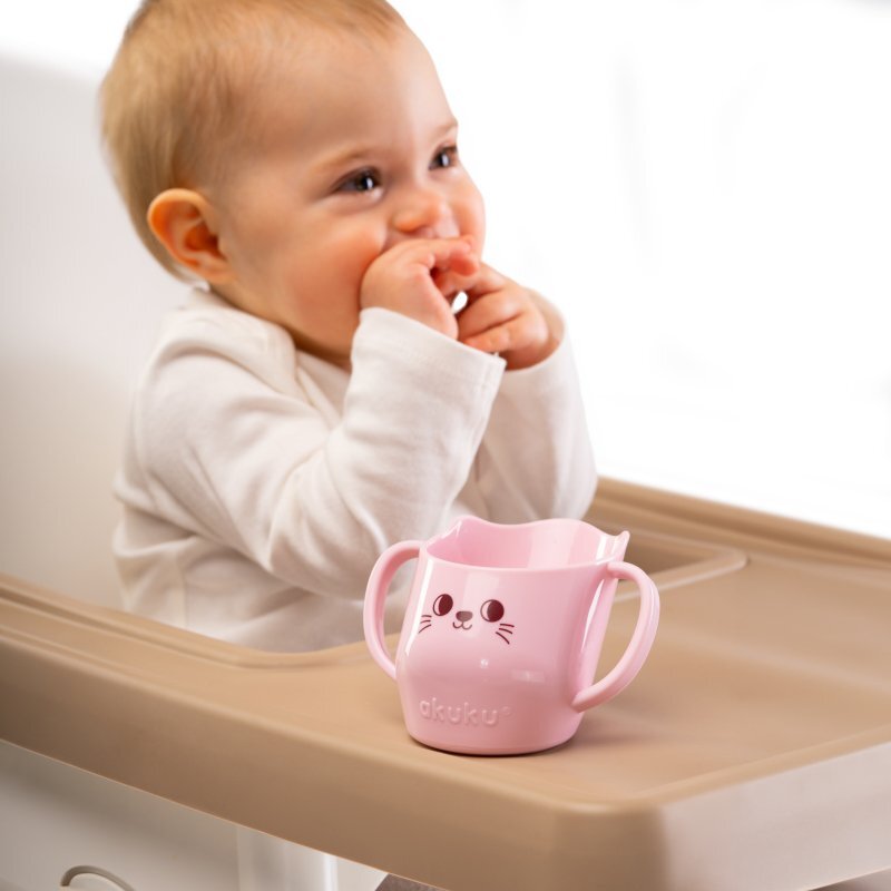 Akuku Cana antrenament cu manere pentru copii BabyMug Pink Catcapacitate 150ml materiale sigure fara BPA margine tesita ce permite bautul fara a inclina capul pe spate compatibil masina de vase