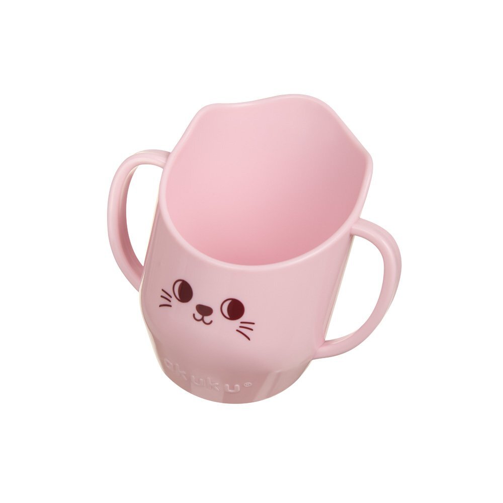 Akuku Cana antrenament cu manere pentru copii BabyMug Pink Catcapacitate 150ml materiale sigure fara BPA margine tesita ce permite bautul fara a inclina capul pe spate compatibil masina de vase