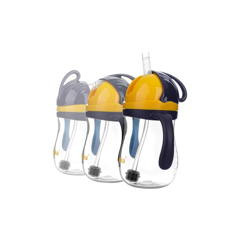 Akuku Cana de antrenament NavyGalben 280ml anti-varsare cu manere si pai cu greutatecapac mobil de protectie