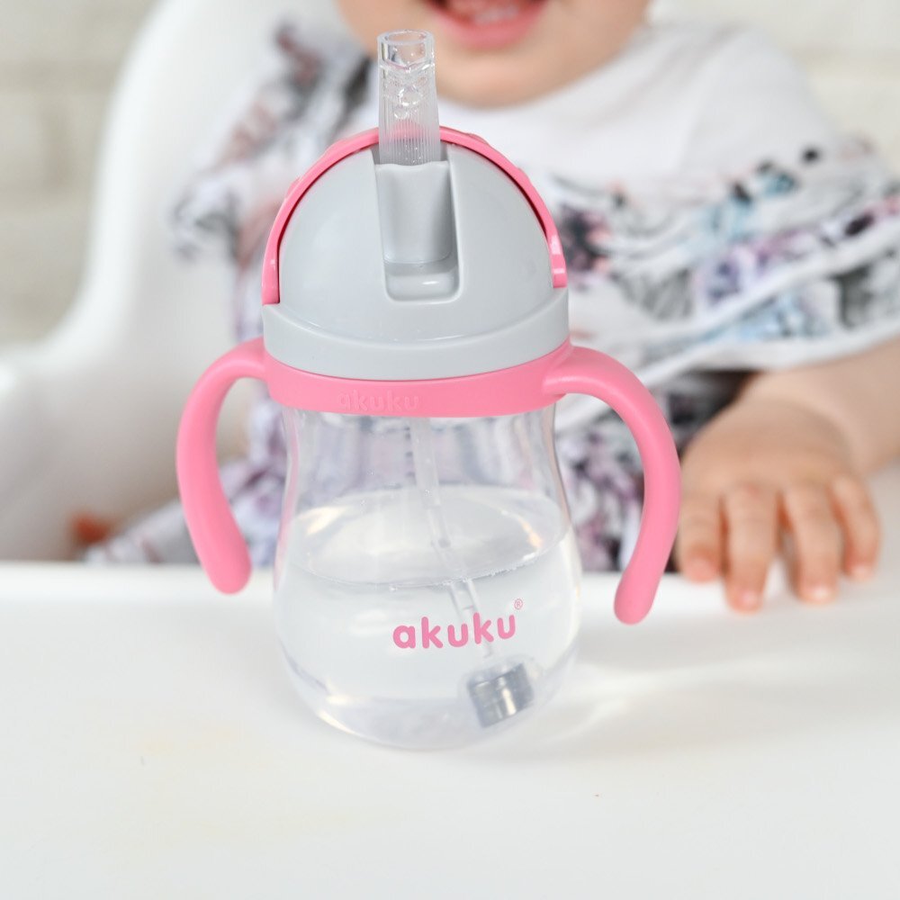 Akuku Cana de antrenament Pink 280ml anti-varsare cu manere si pai cu greutatecapac mobil de protectie