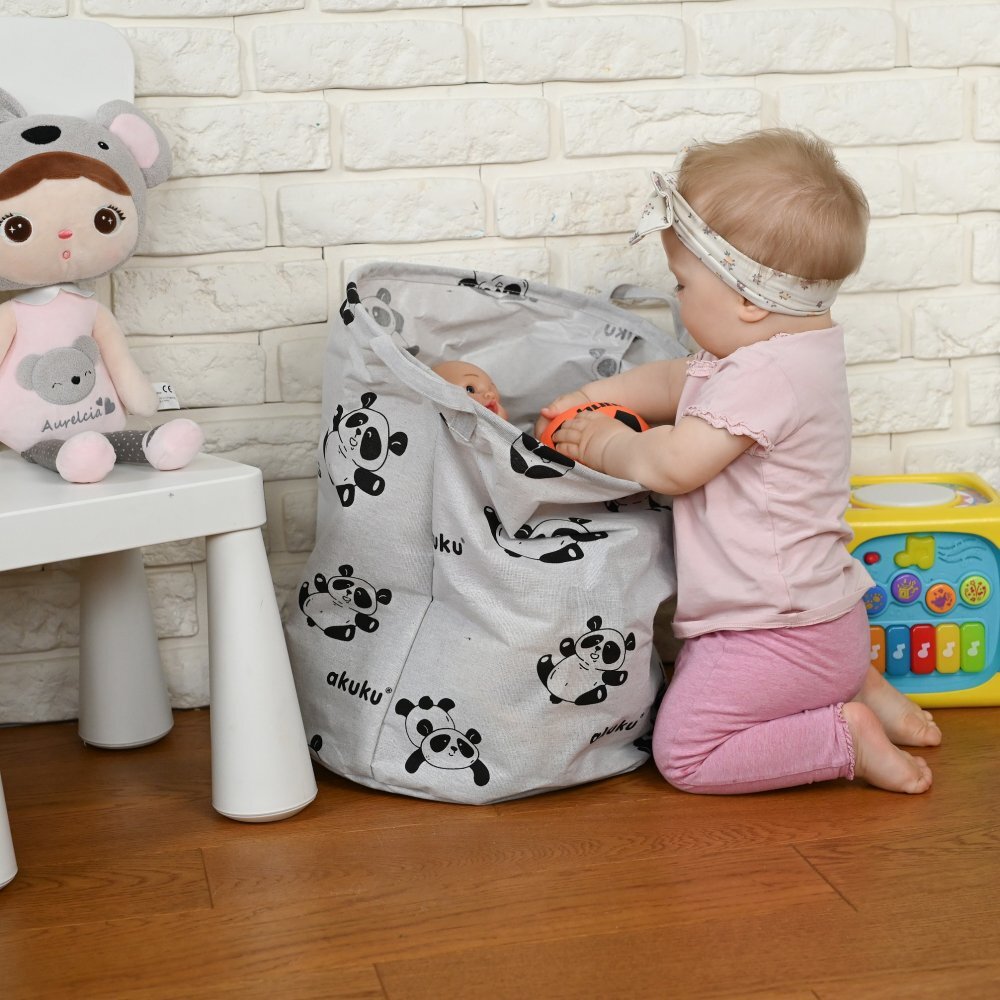 Akuku Cos pliabil textil Panda pentru jucariihaine cu manere practiceinterior impermeabildimensiune 37x43 cmsupraimprimare cu desene